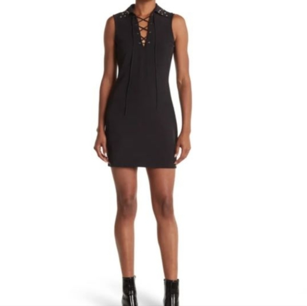 Jeremy Scott Criss-cross V-neck tie, studded collar black mini dress size 4